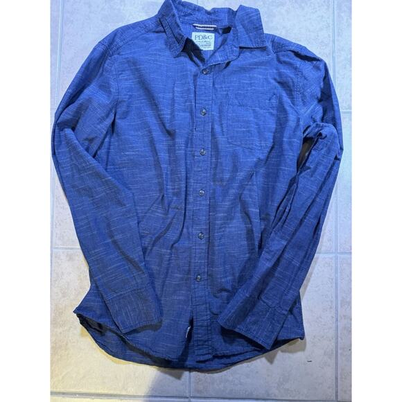 PD&C Men's Size‎ Medium Heathered Blue Button Up Long Rolled Tab Sleeves Shirt - Picture 1 of 6